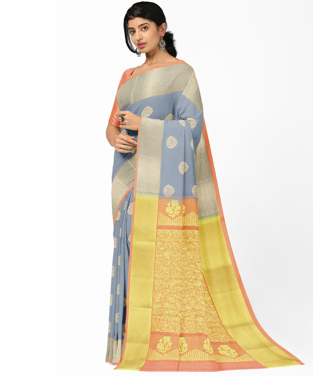 Grey peach silk handwoven venkatagiri saree