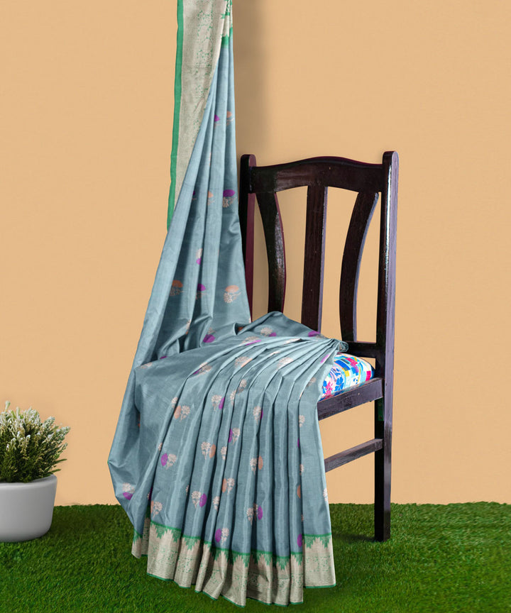 Light grey light green silk handwoven venkatagiri saree