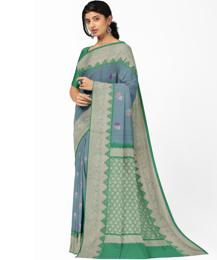 Light grey light green silk handwoven venkatagiri saree
