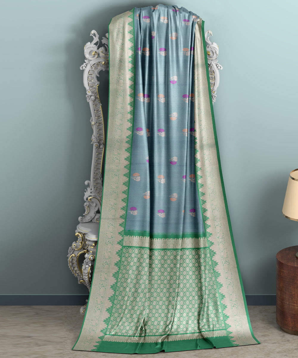 Light grey light green silk handwoven venkatagiri saree