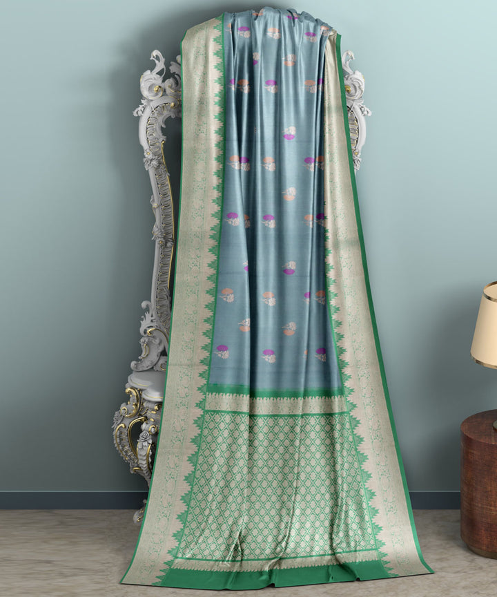 Light grey light green silk handwoven venkatagiri saree