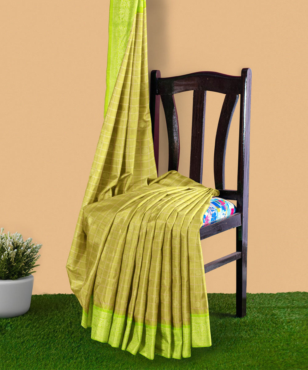 Olive green light green silk handwoven venkatagiri saree