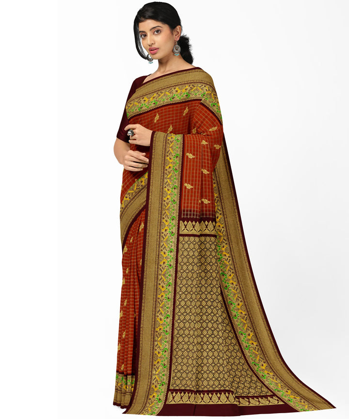 Brown yellow silk handwoven venkatagiri saree