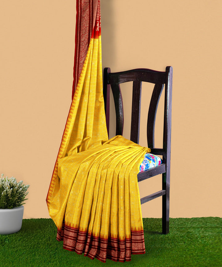 Yellow maroon silk handwoven venkatagiri saree