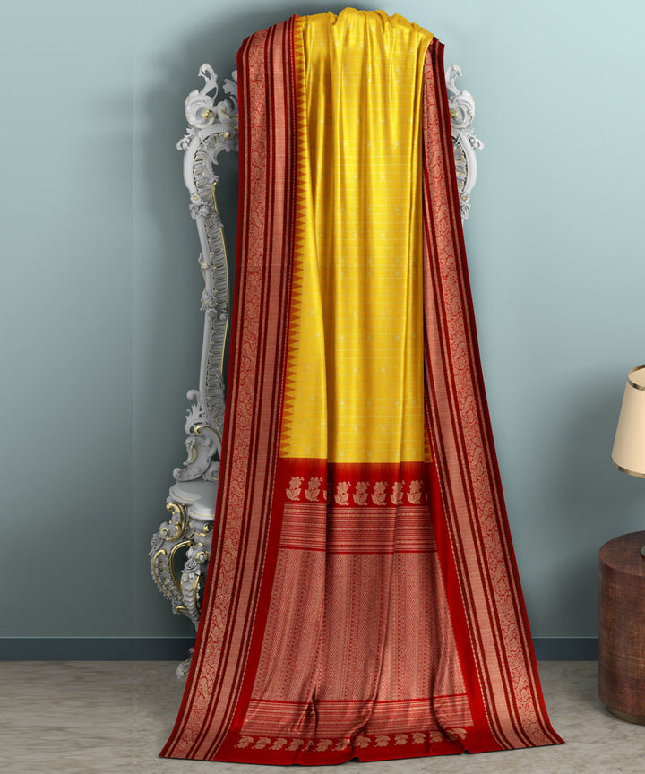 Yellow maroon silk handwoven venkatagiri saree