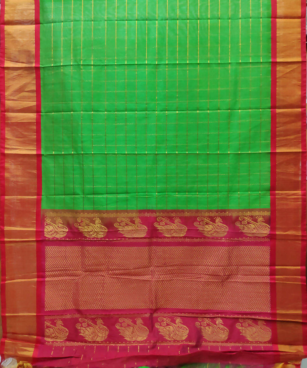 parrot green checks handwoven venkatagiri cotton silk saree