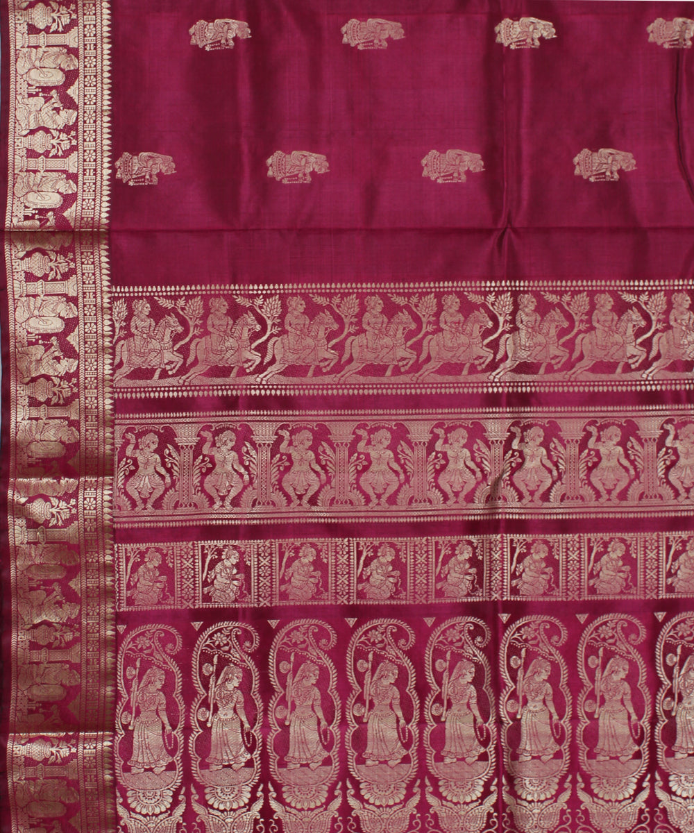 Maroon pink handwoven silk baluchari saree