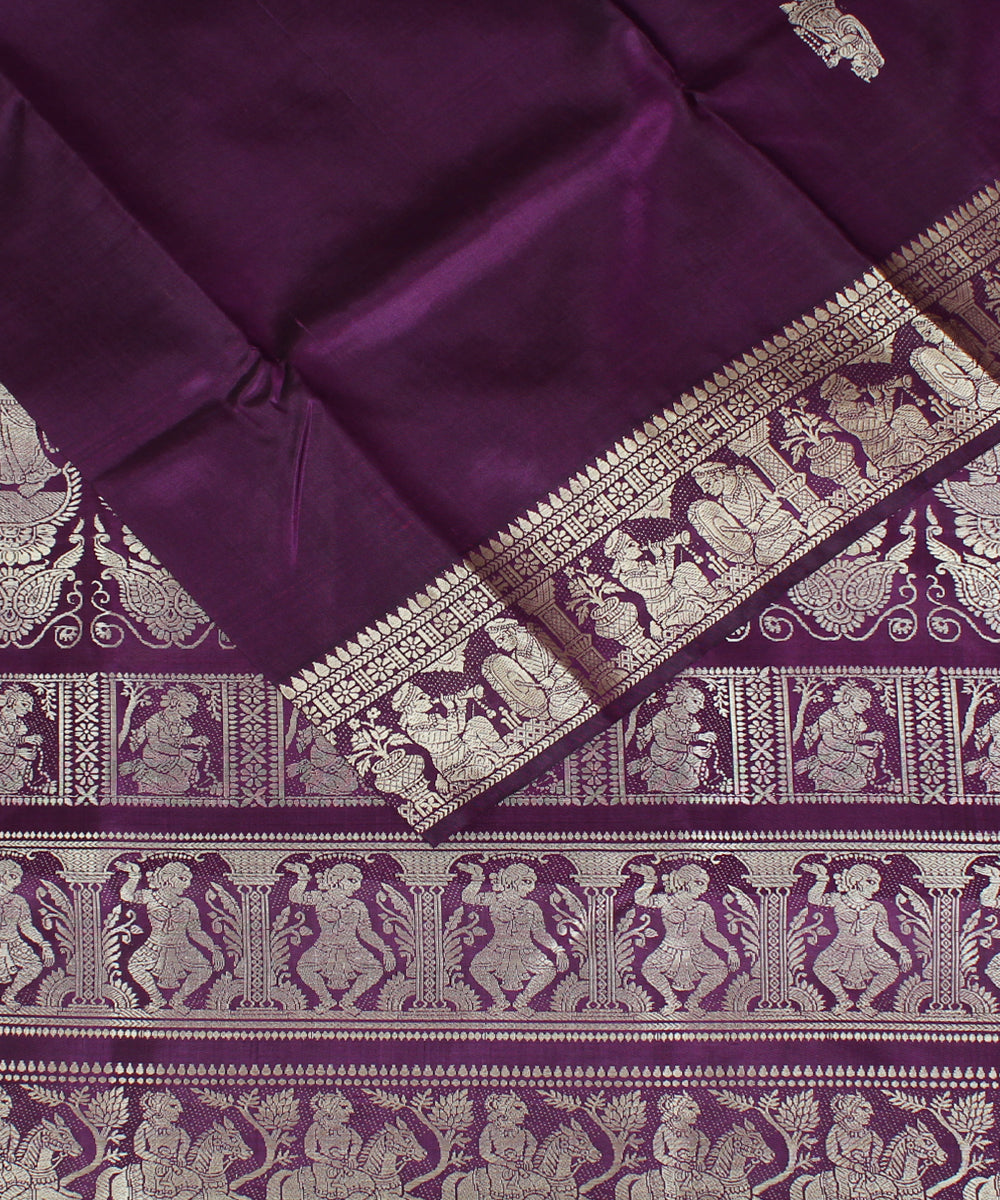 Dark purple black handwoven silk baluchari saree