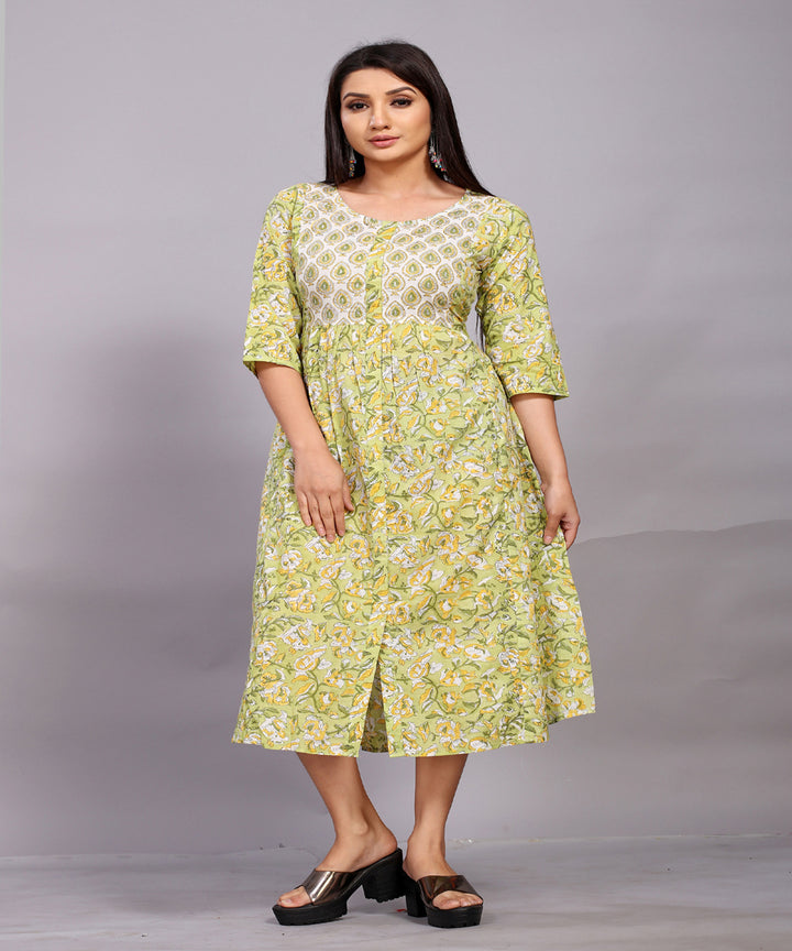 Pastel green hand block printed with embroidery cotton kurta