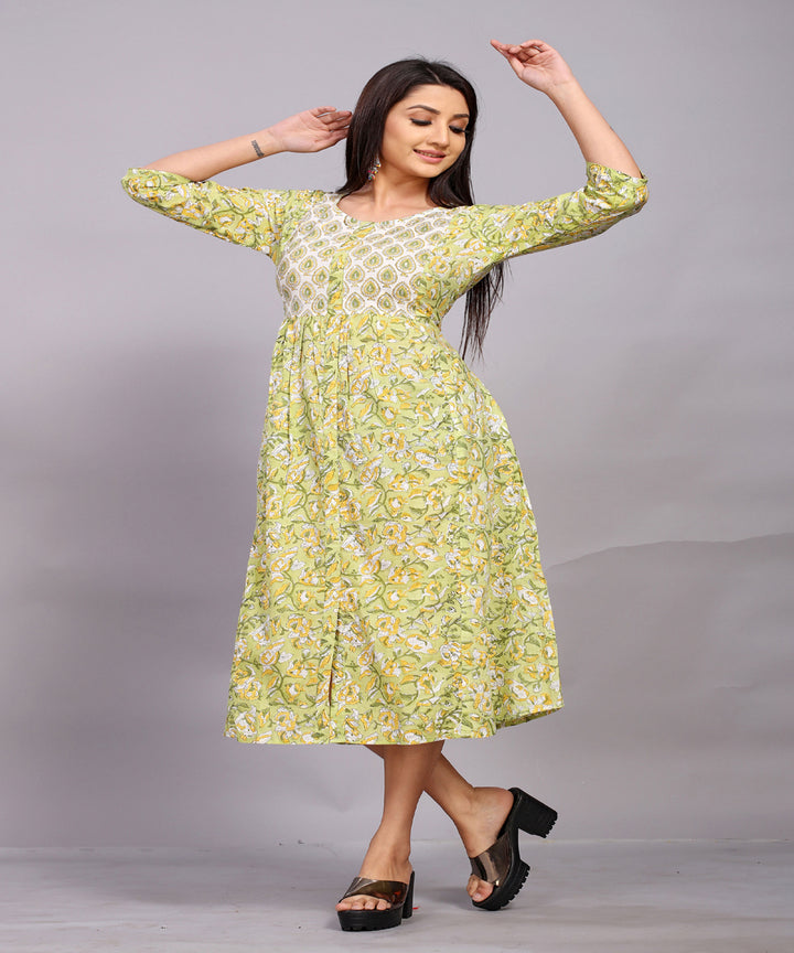 Pastel green hand block printed with embroidery cotton kurta