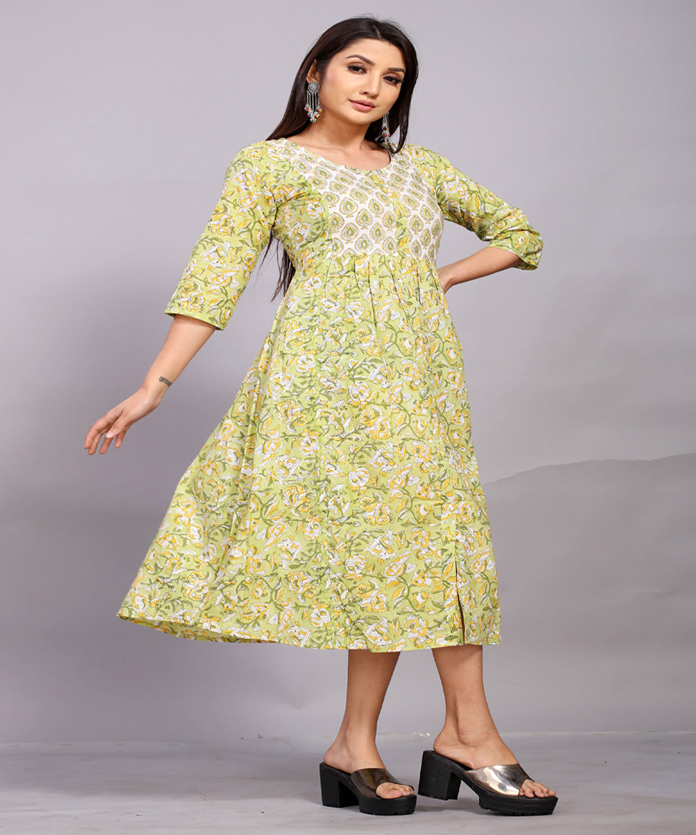 Pastel green hand block printed with embroidery cotton kurta