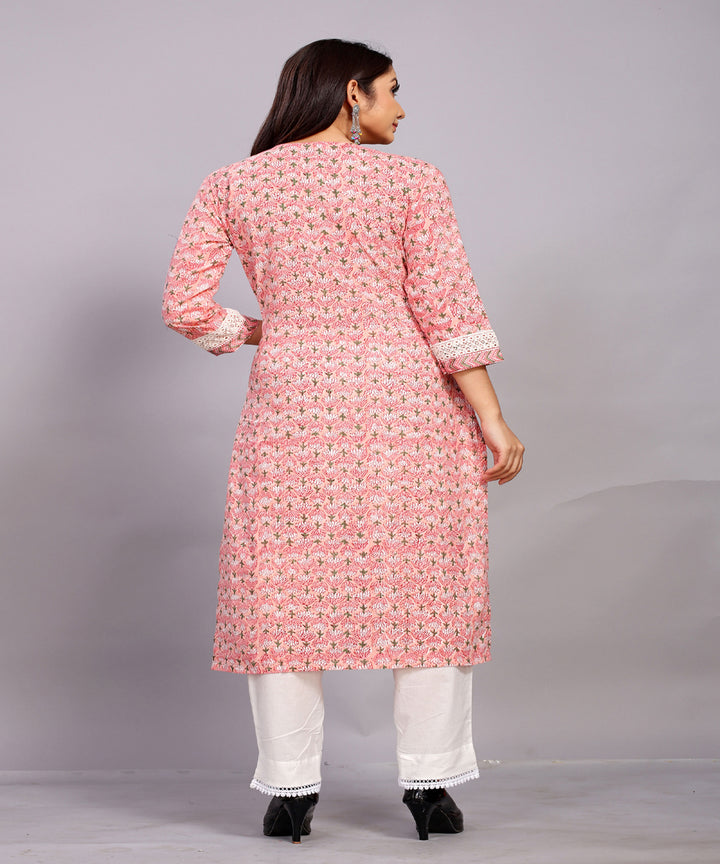 Rose Pink hand block printed with embroidery cotton kurta