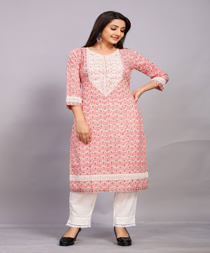 Rose Pink hand block printed with embroidery cotton kurta