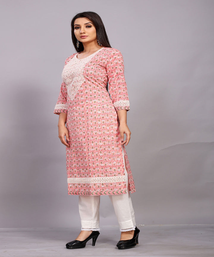 Rose Pink hand block printed with embroidery cotton kurta