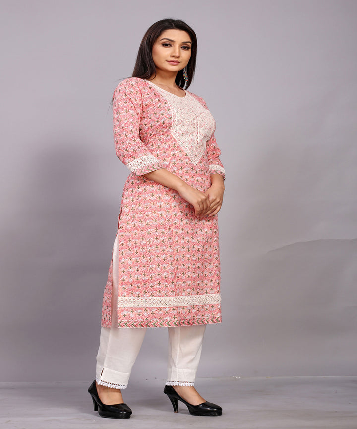 Rose Pink hand block printed with embroidery cotton kurta