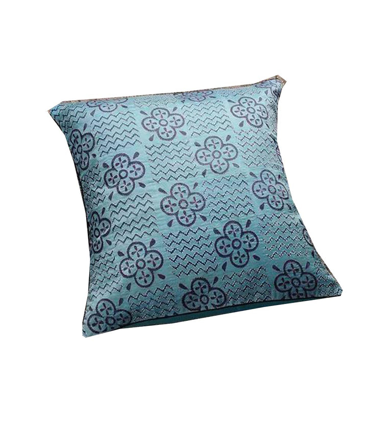 Cyan blue kantha stitch hand embroidery tussar silk cushion cover