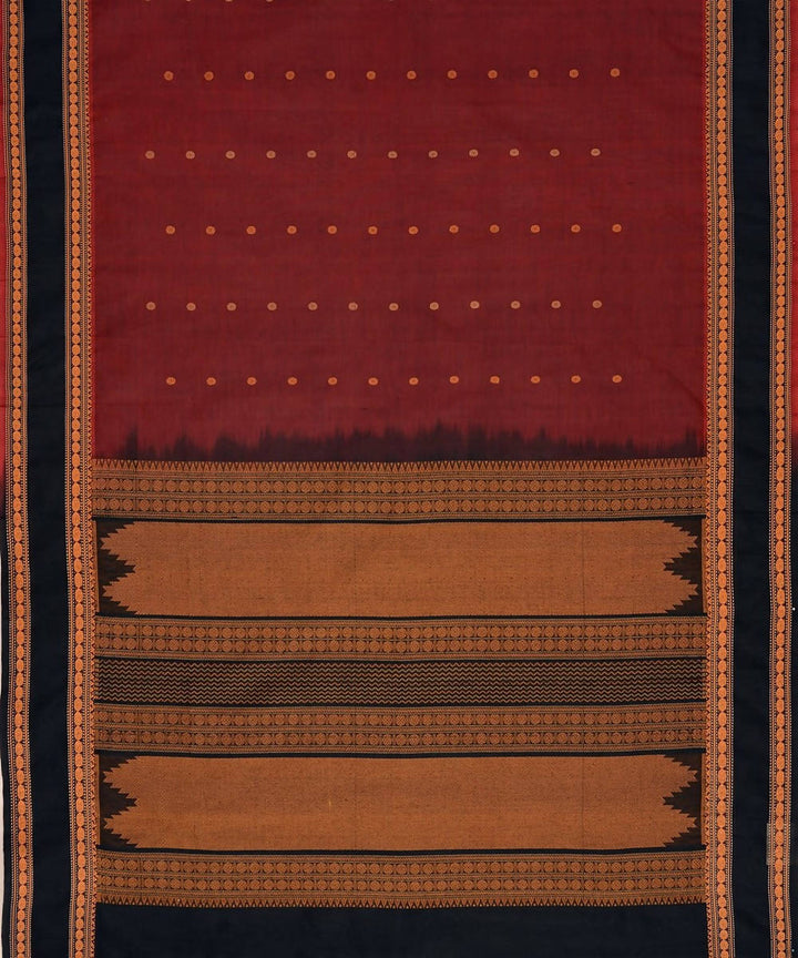 Dark red kanchi silkcotton saree with butta and contrast black border