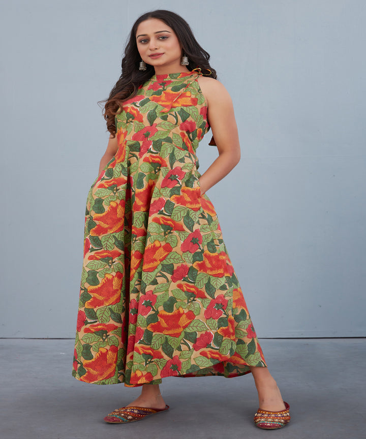 Sage green multicolor hand block printed cotton dress with pocket