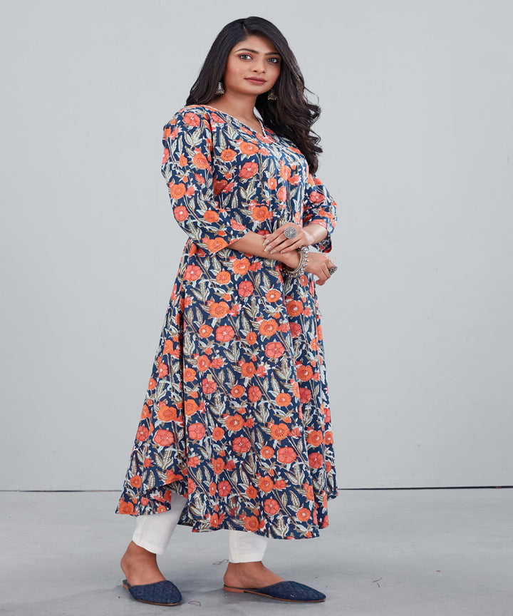 Multicolor handblock floral print mul cotton kurti