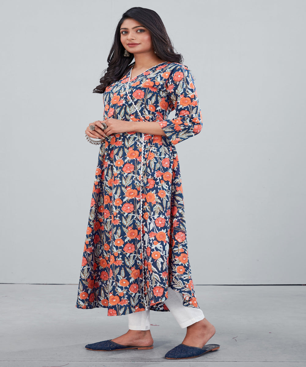 Multicolor handblock floral print mul cotton kurti