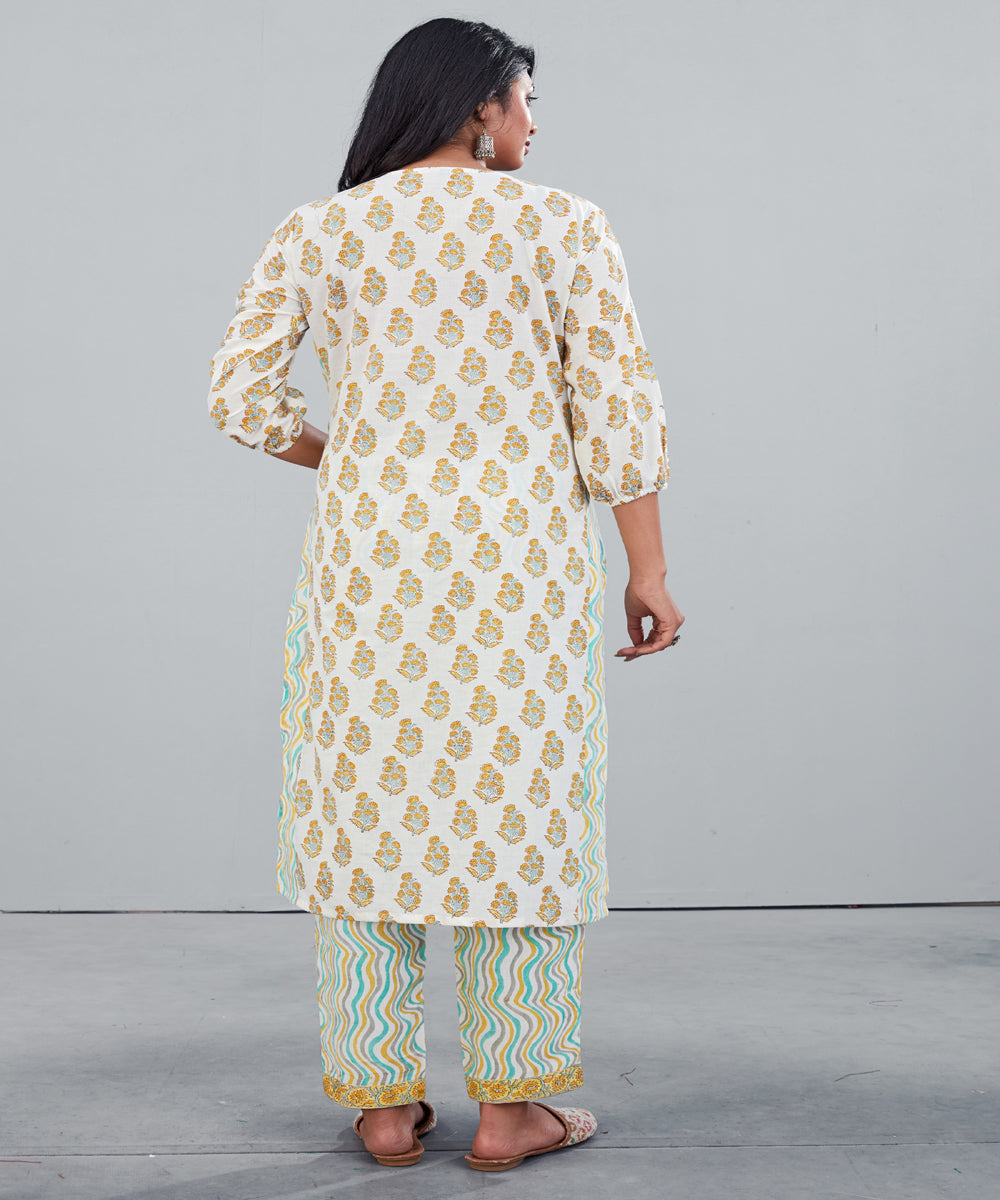 Light yellow and pink hand block printed cotton kurti with pant set