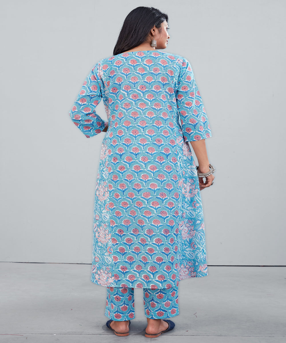 Blue pink handblock floral print cotton kurti with pant set