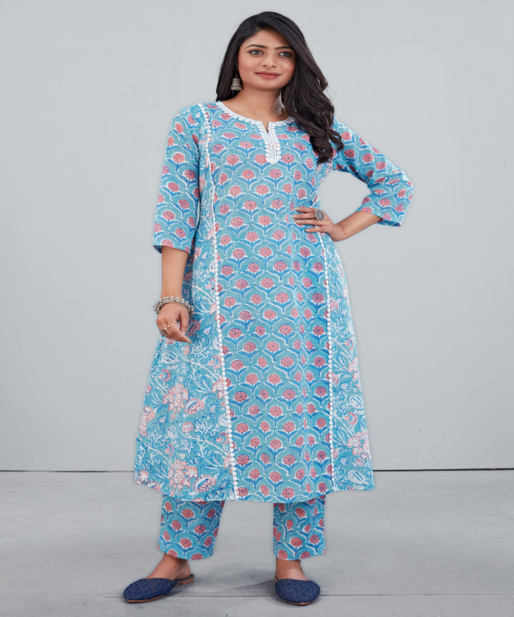 Blue pink handblock floral print cotton kurti with pant set