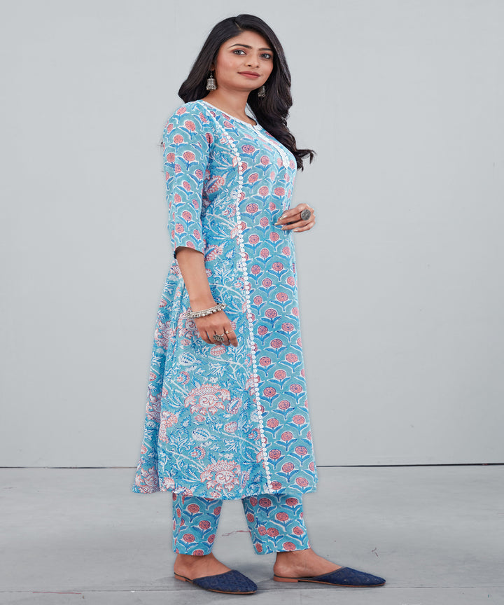 Blue pink handblock floral print cotton kurti with pant set