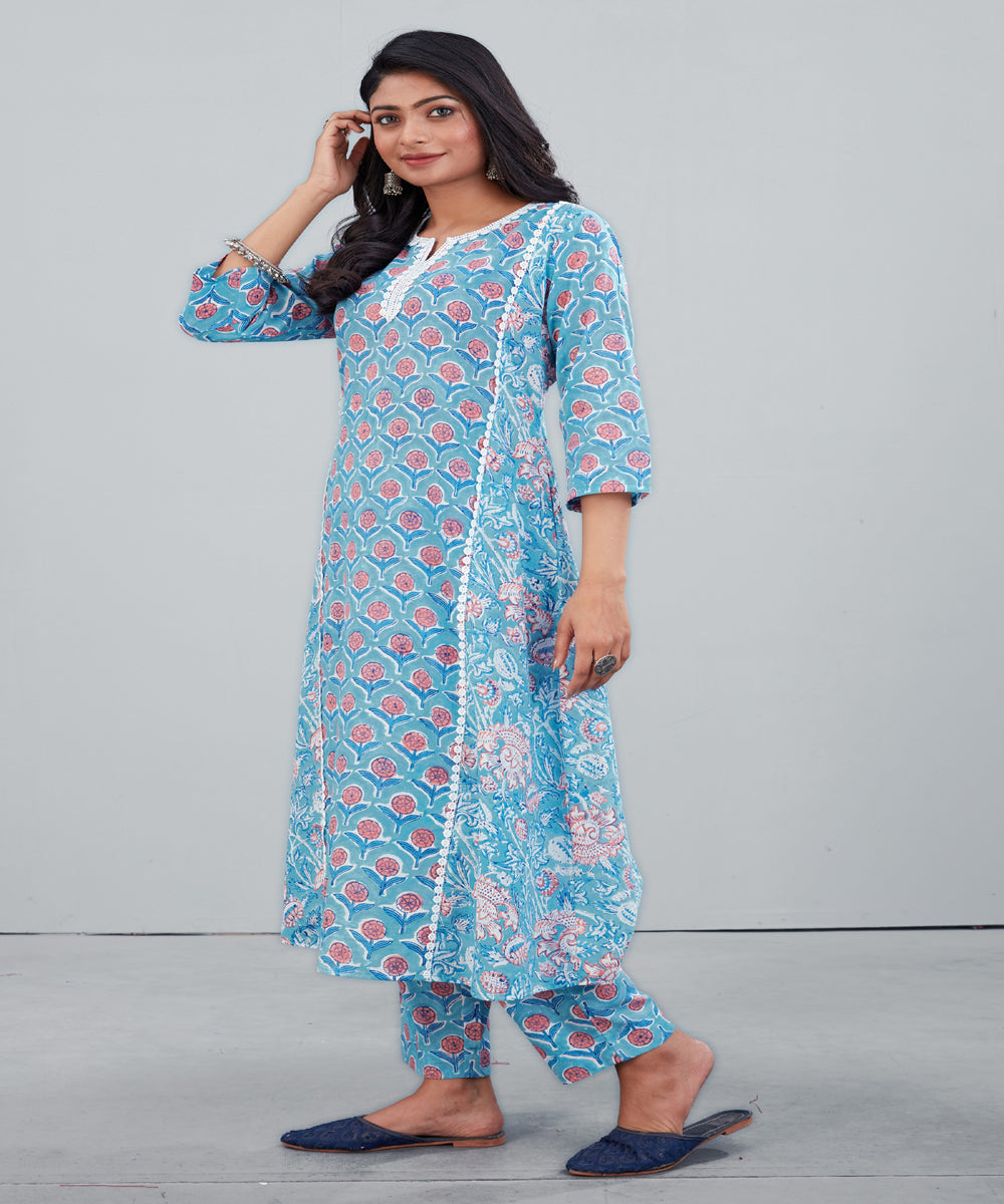 Blue pink handblock floral print cotton kurti with pant set