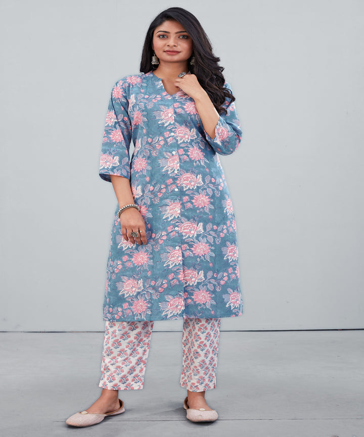 Grey blue pink hand block printed cotton kurti with pant set