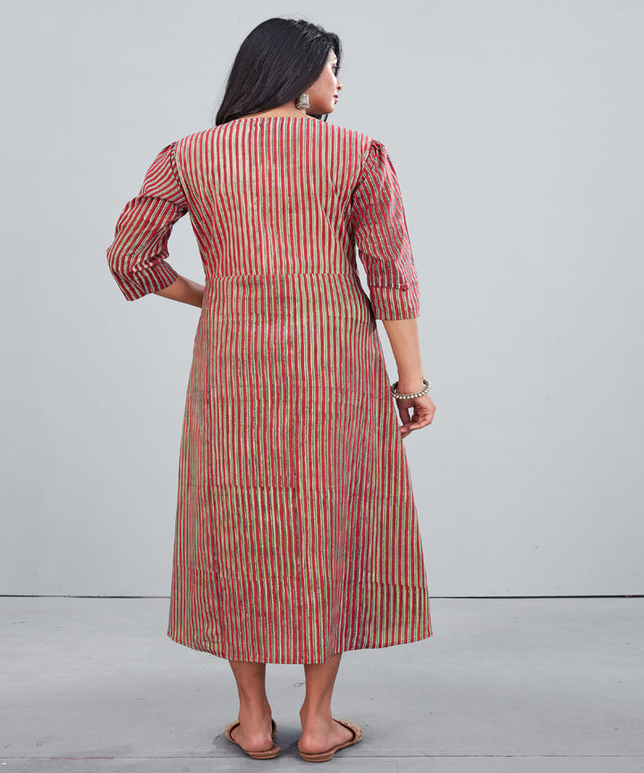 Dusty red and green hand block printed stripes cotton dress