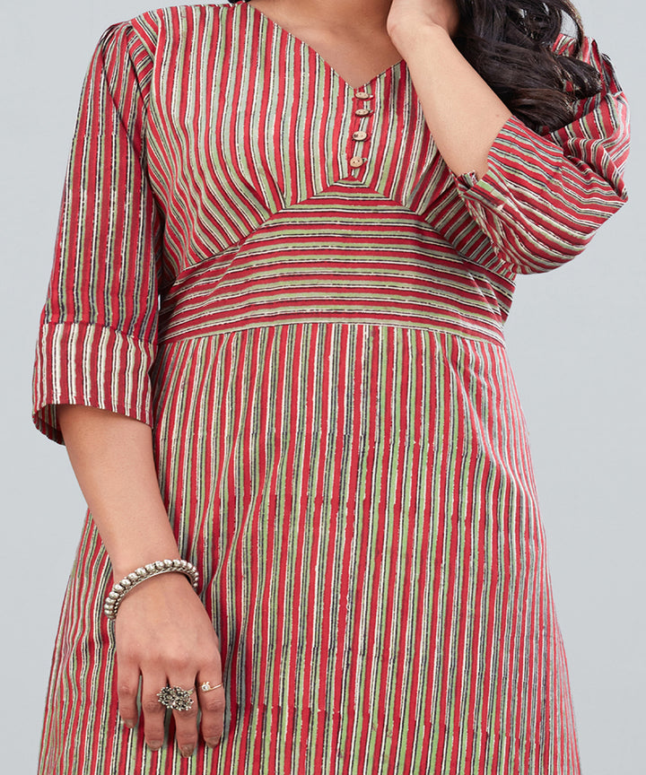 Dusty red and green hand block printed stripes cotton dress