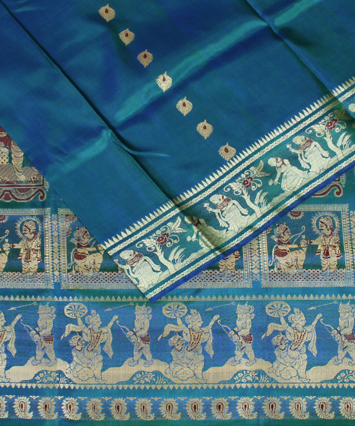 Double shade blue green handwoven silk baluchari saree