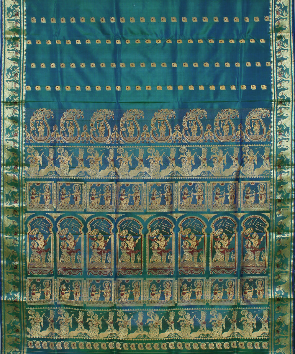Double shade blue green handwoven silk baluchari saree