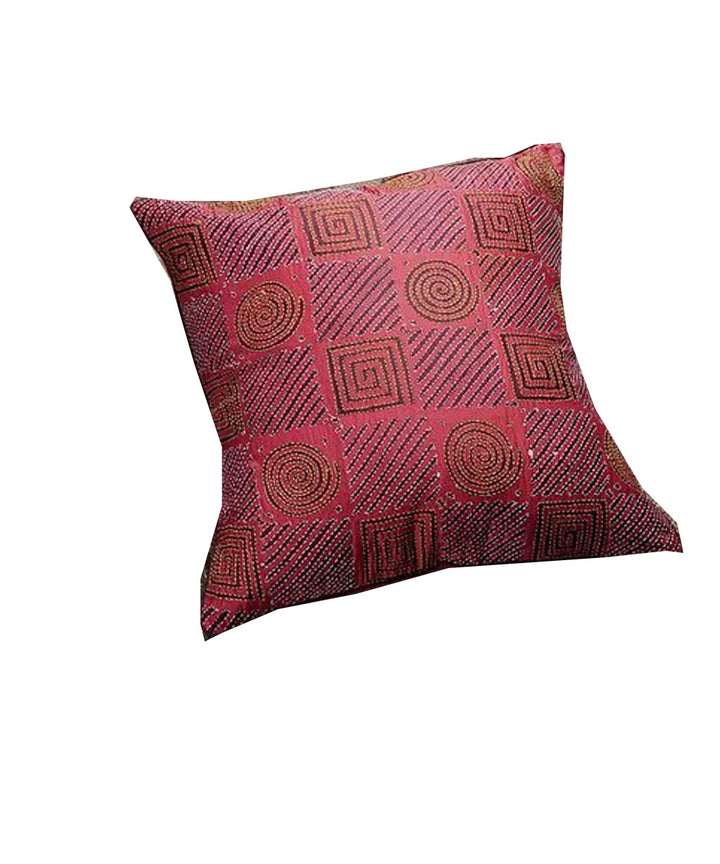 Kantha stitch hand embroidery red tussar silk cushion cover