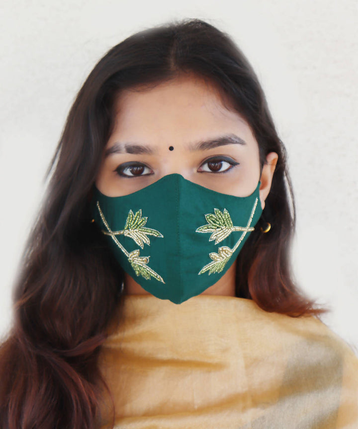 Green festive hand embroidery face mask
