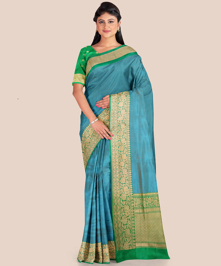 Light blue green handwoven katan silk banarasi saree