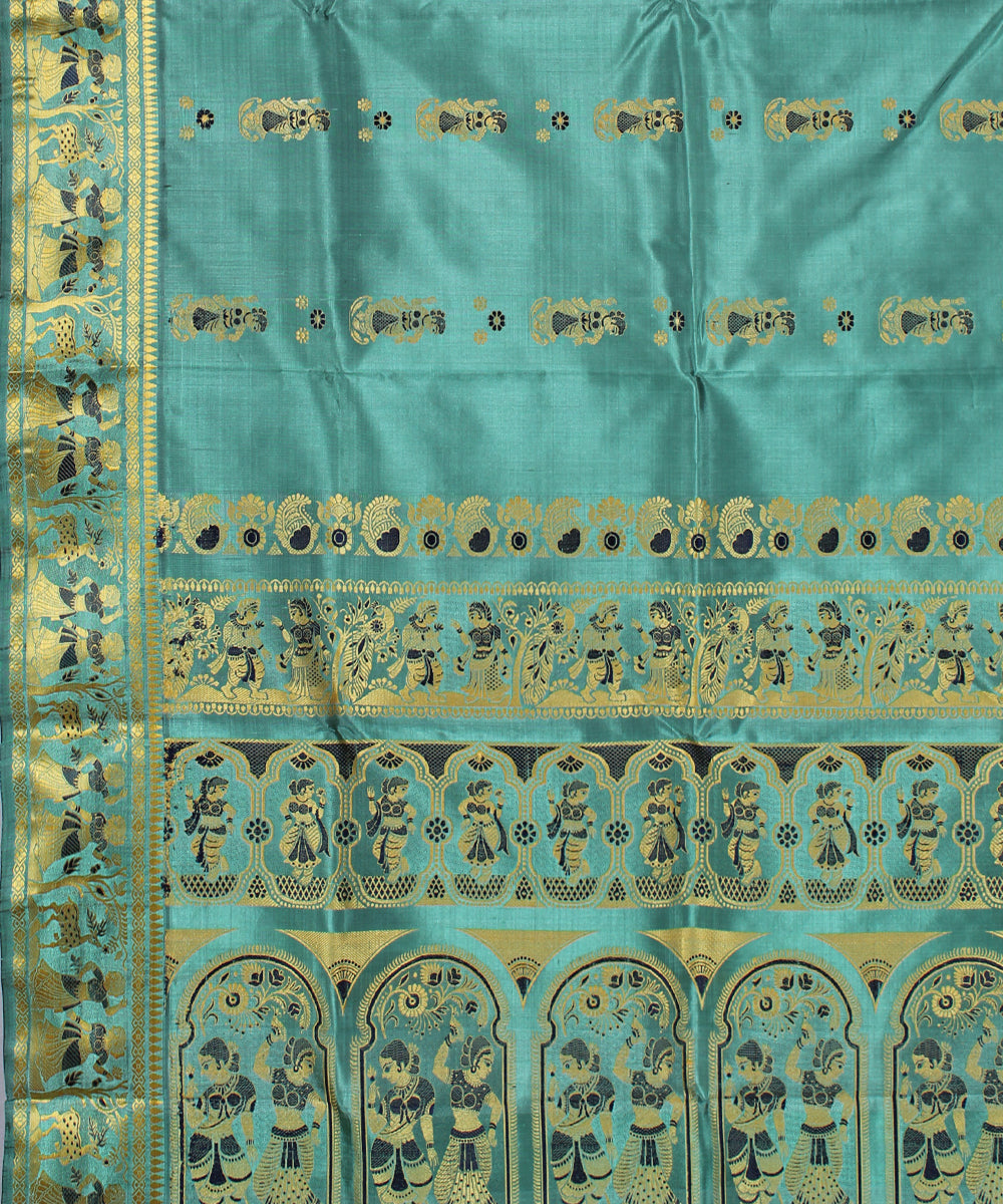 Pastel blue green handwoven silk baluchari saree