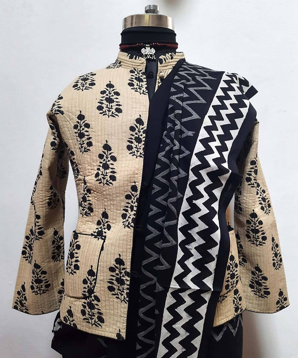 White and black block printed reversible jacket with cotton quilting