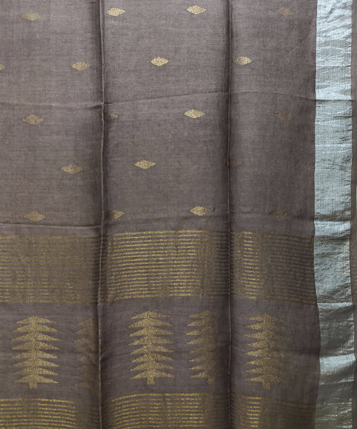 Brown grey handloom linen jamdani saree