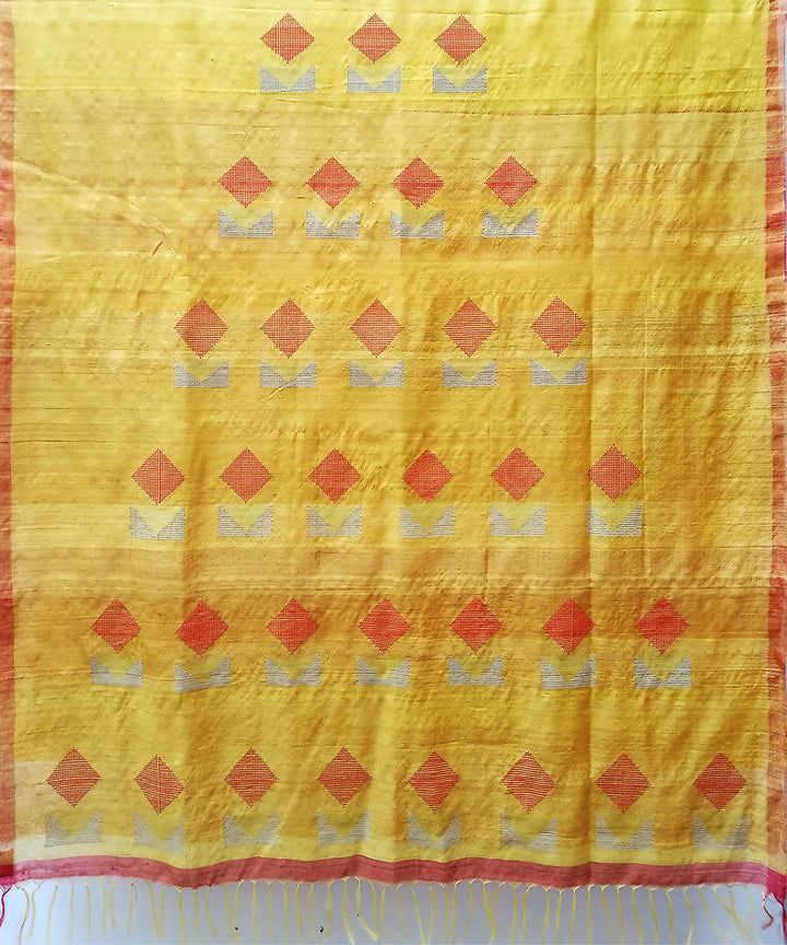 Yellow red handwoven extra weft silk saree