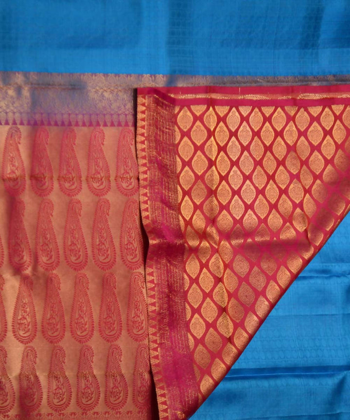 Blue Pink Handloom Embossed Work Dharmavaram Silk Saree