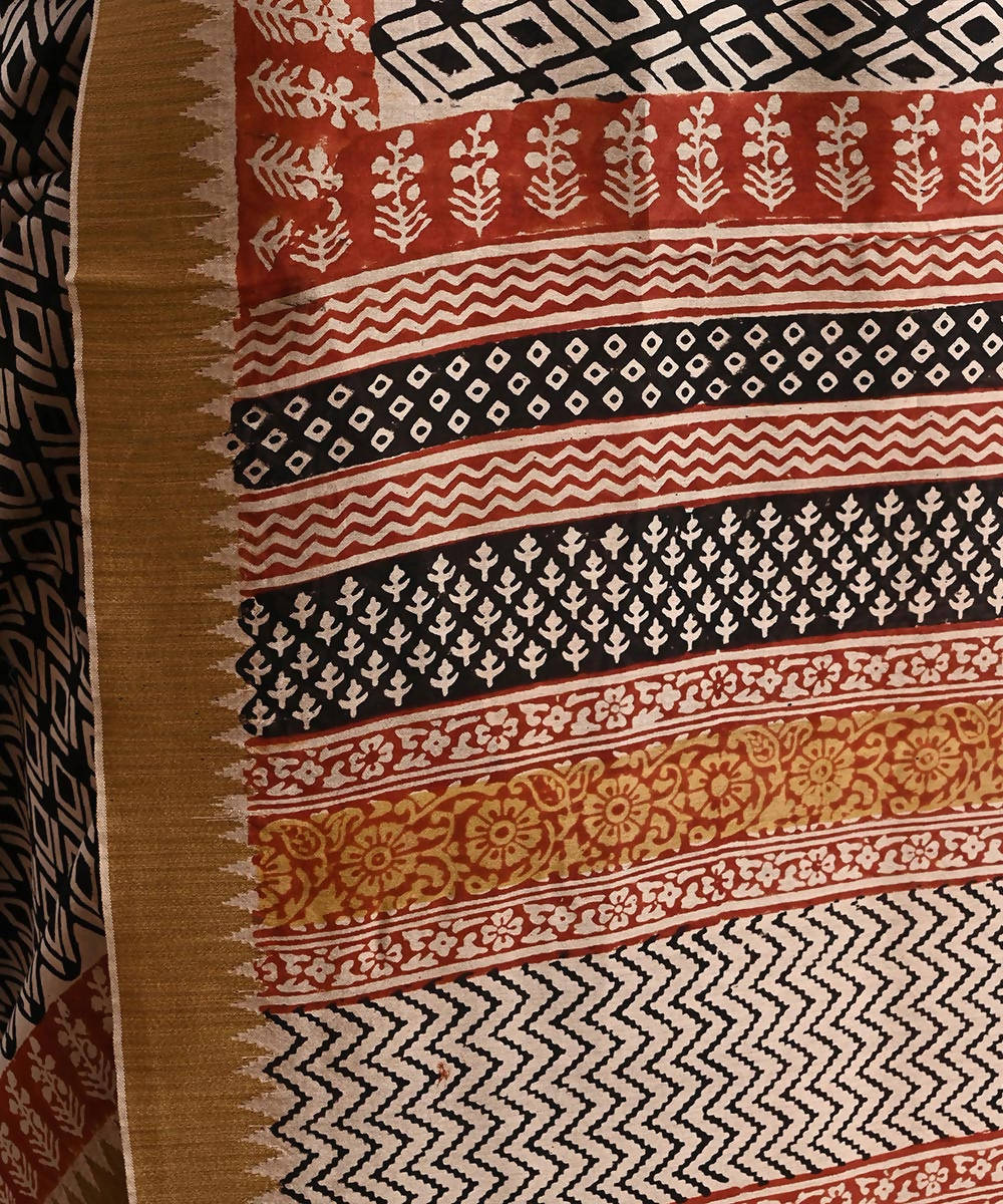 Black cotton silk hand block printed saree with matching blouse