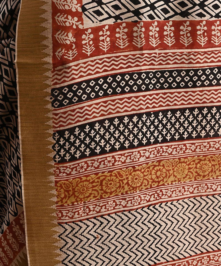 Black cotton silk hand block printed saree with matching blouse