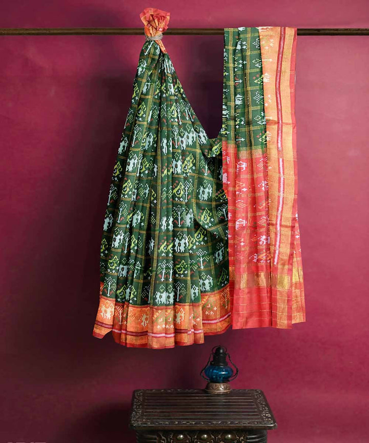 Dark green red handloom patola silk saree