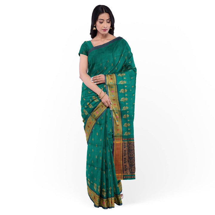 Teal green handloom cotton venkatagiri saree