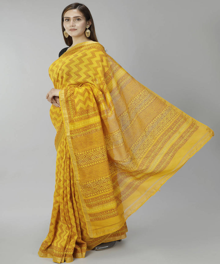 Mustard yellow bagru handblock printed cotton silk saree