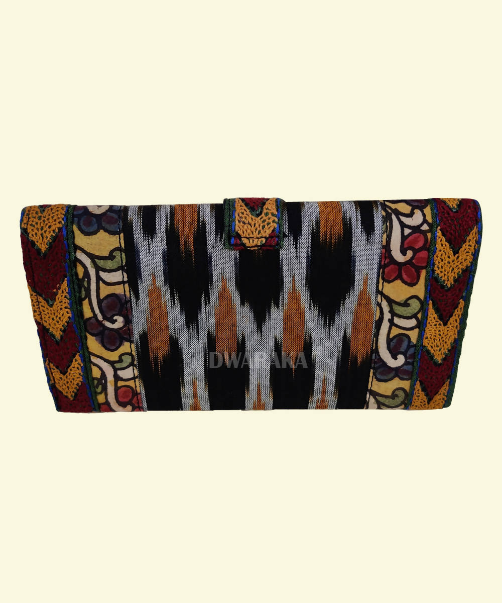 Black hand painted kalamkari and threadwork ikat cotton clutch