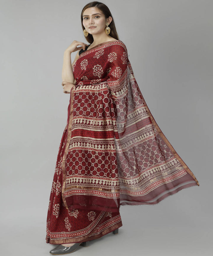 Dark red bagru handblock printed cotton silk saree
