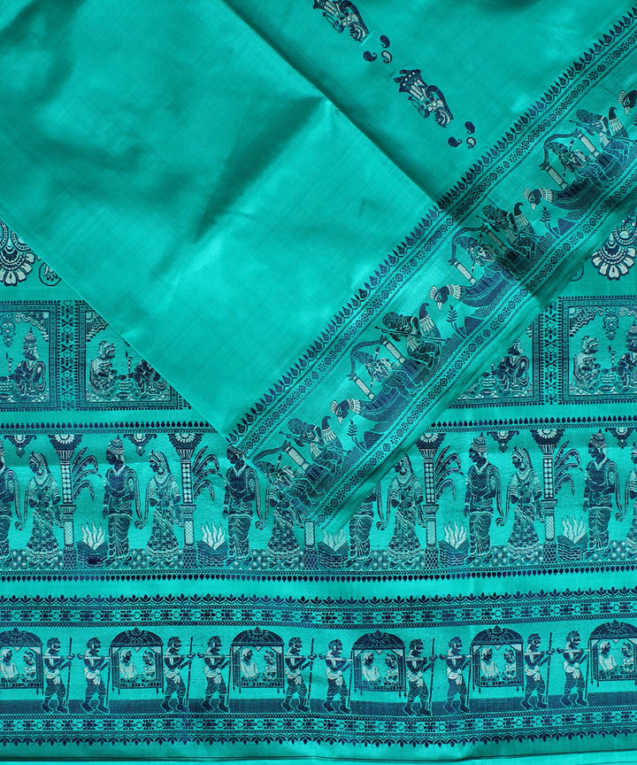 Cyan green handwoven silk baluchari saree
